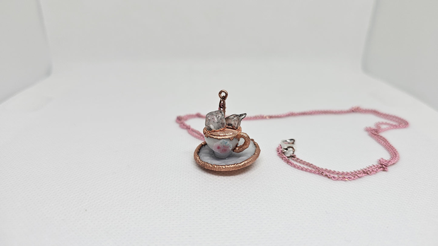 "Here for the Tea" Copper & Quartz Crystal Electroformed Teacup Pendant