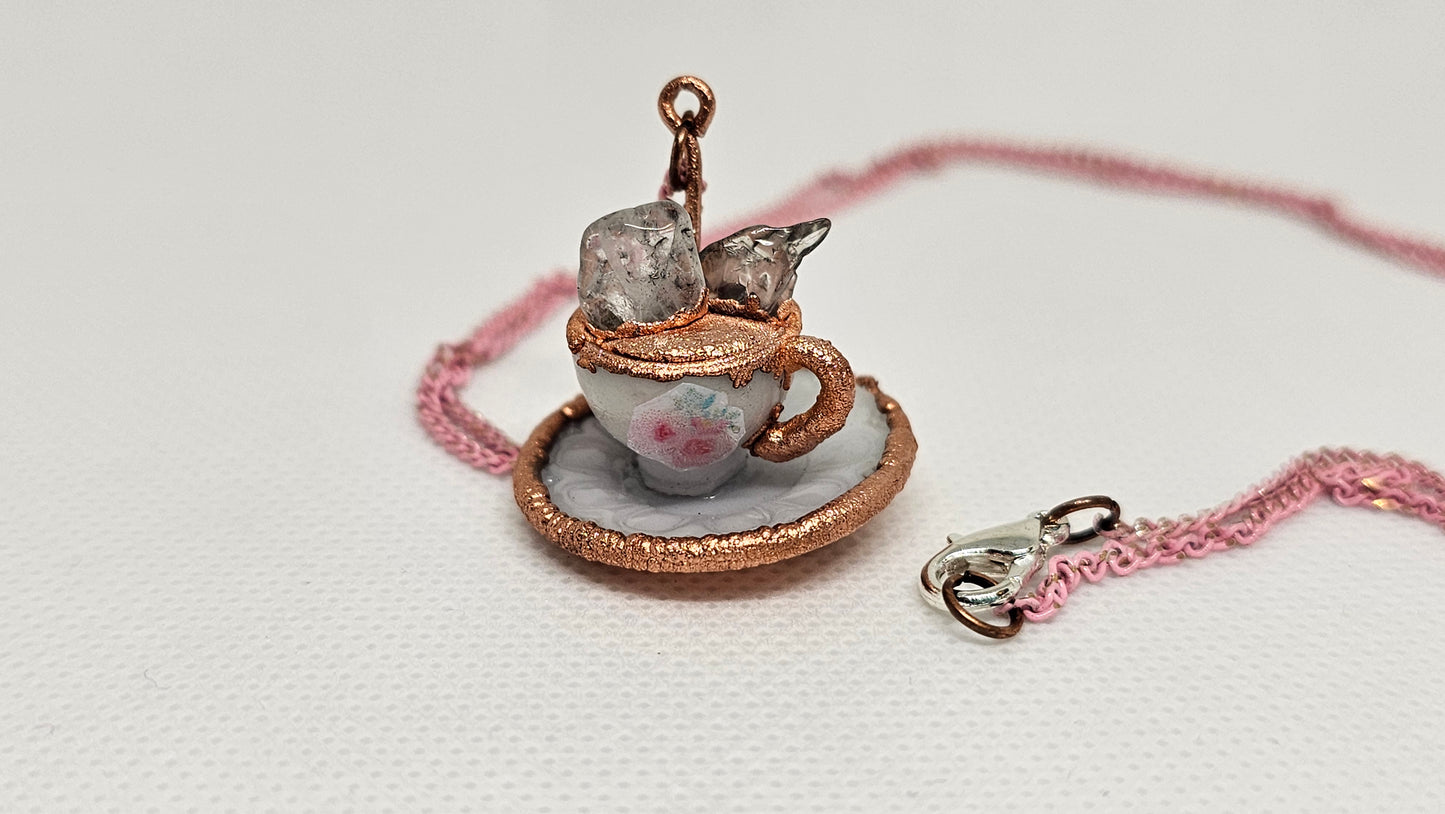"Here for the Tea" Copper & Quartz Crystal Electroformed Teacup Pendant