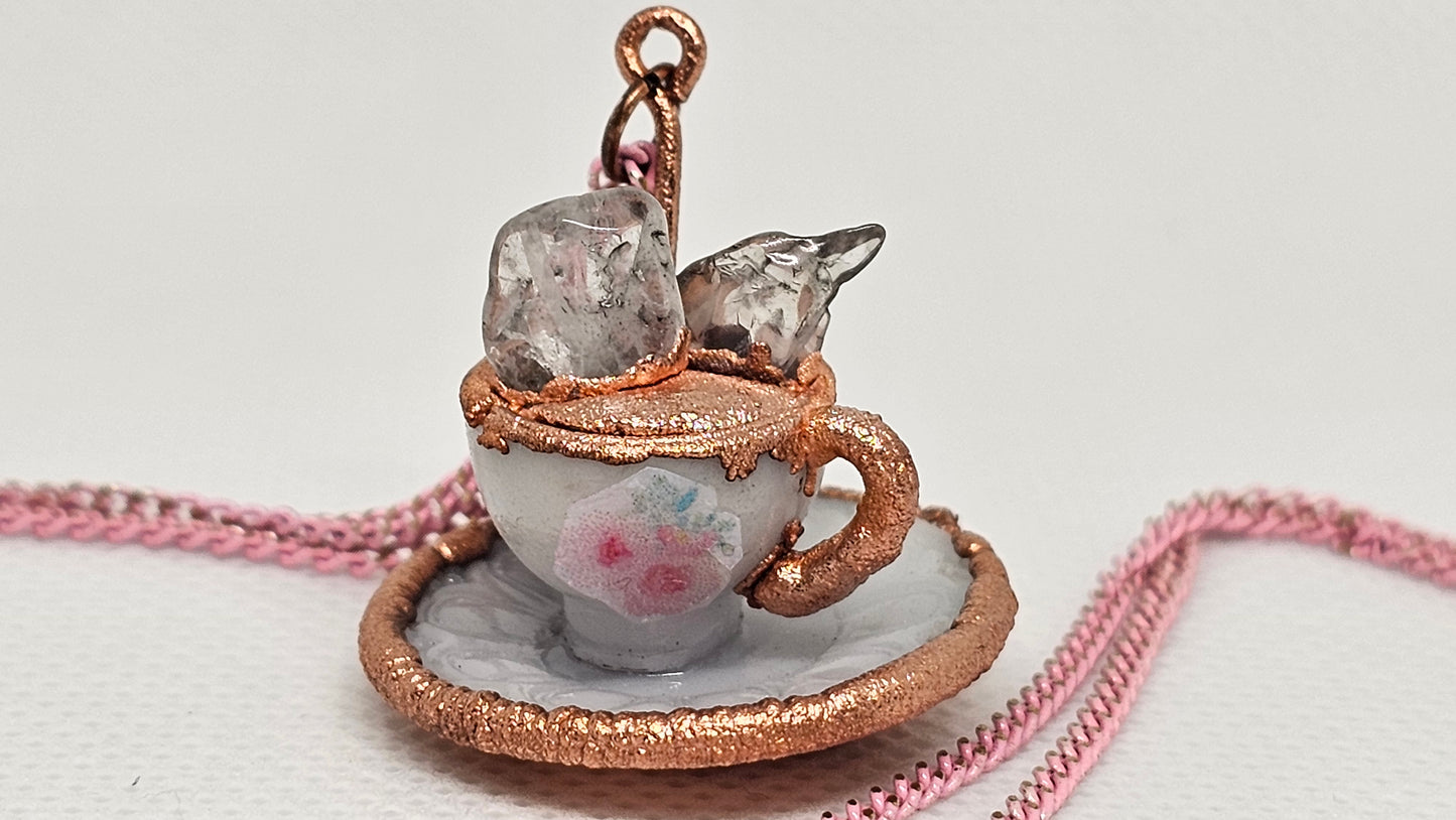 "Here for the Tea" Copper & Quartz Crystal Electroformed Teacup Pendant