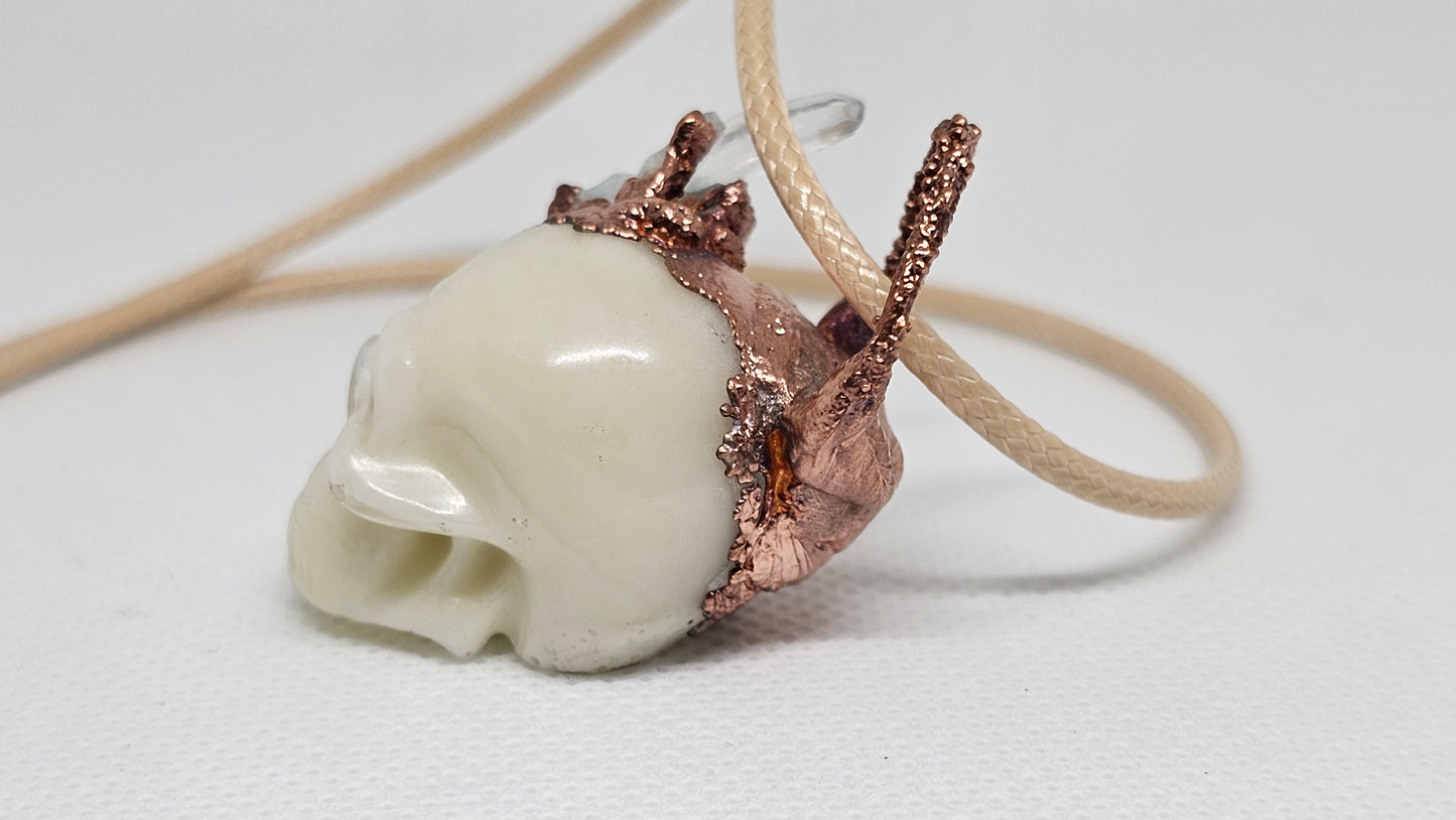 "Alchemist SKULLpture" Copper & Quartz Crystal Electroformed Skull Pendant