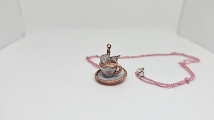 "Here for the Tea" Copper & Quartz Crystal Electroformed Teacup Pendant
