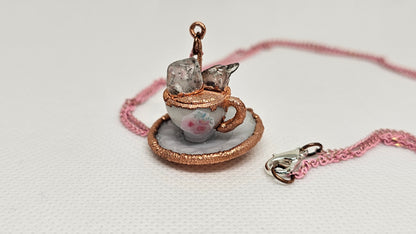 "Here for the Tea" Copper & Quartz Crystal Electroformed Teacup Pendant